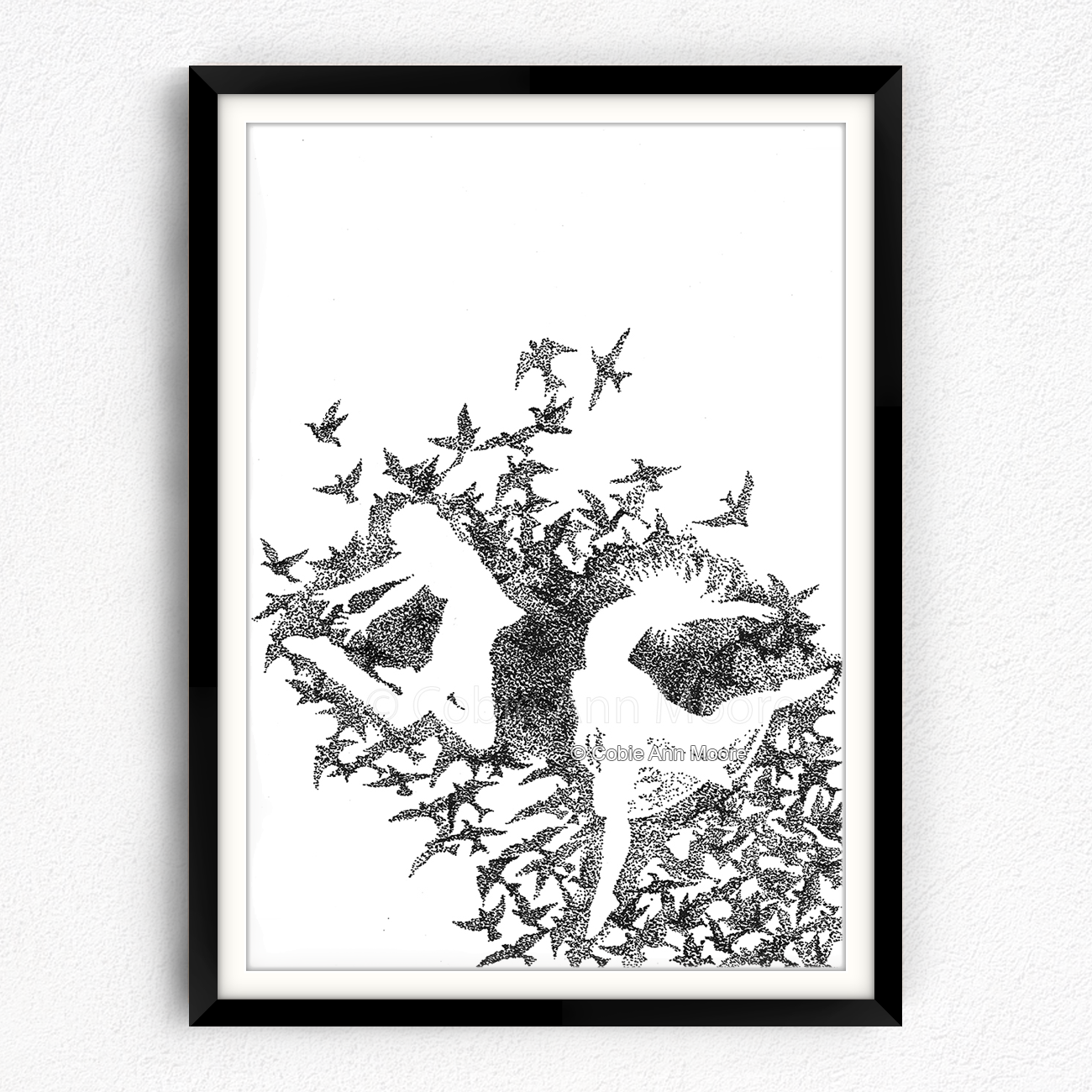 Dancing With Birds print in a black A2 frame