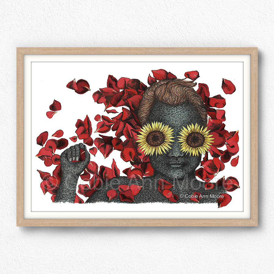 Flowers for her Grave print in a A2 raw oak frame