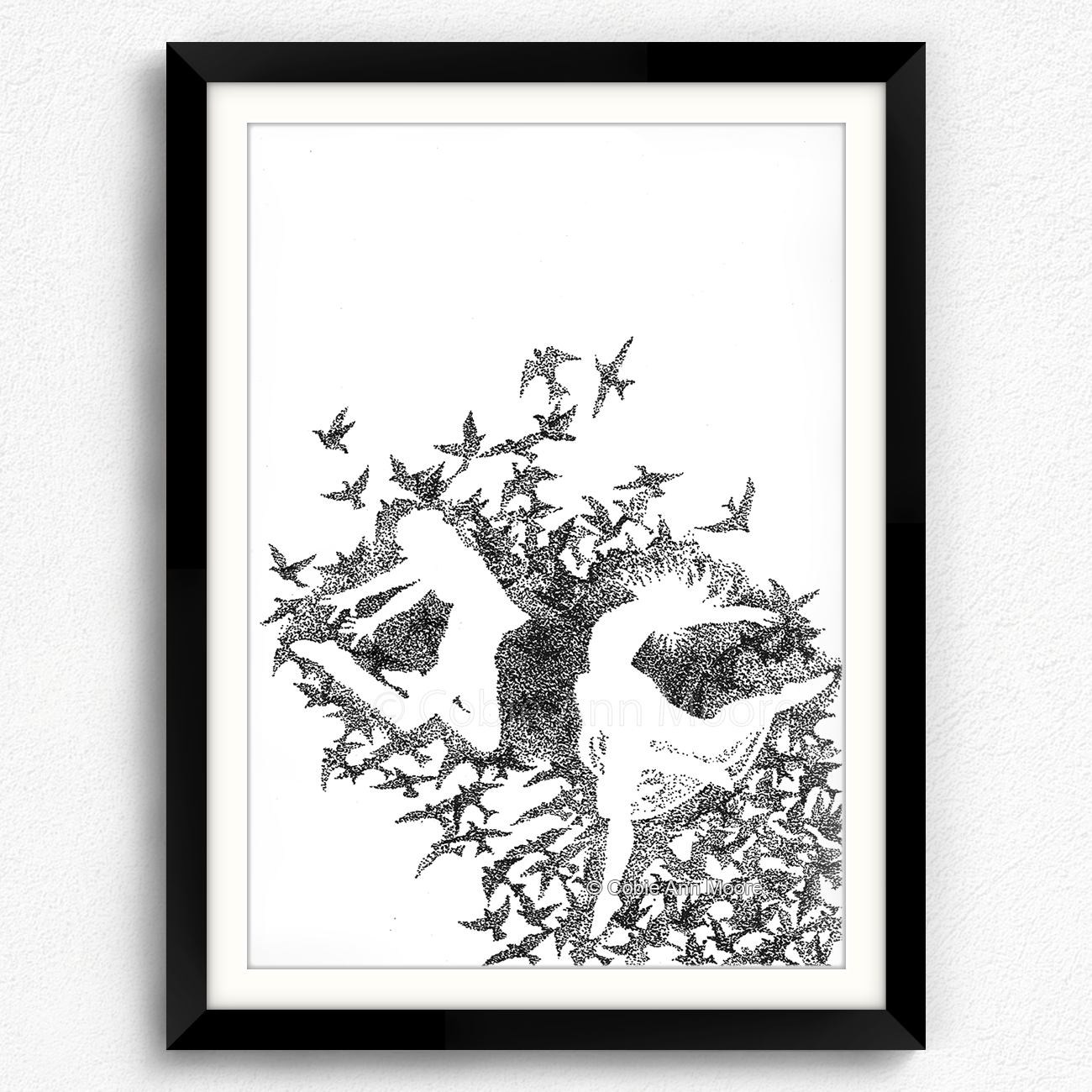Dancing With Birds print in a black A3 frame