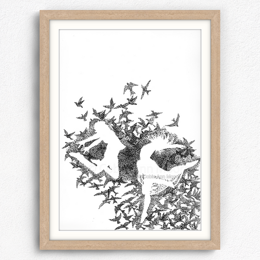 Dancing With Birds print in a raw oak A3 frame