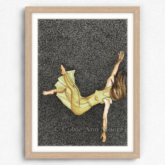 Down the Rabbit Hole print in a raw oak A3 frame