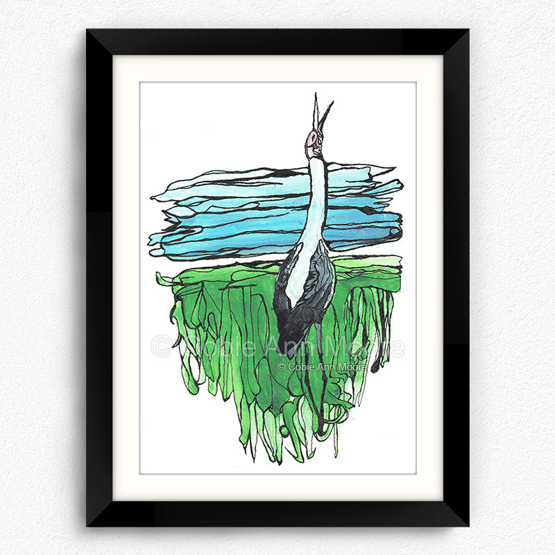 The Lonely Brolga print in a black A4 frame