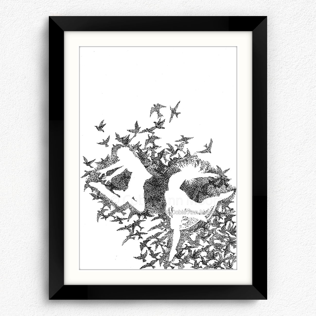 Dancing With Birds print in a black A4 frame