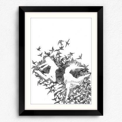 Dancing With Birds print in a black A4 frame 