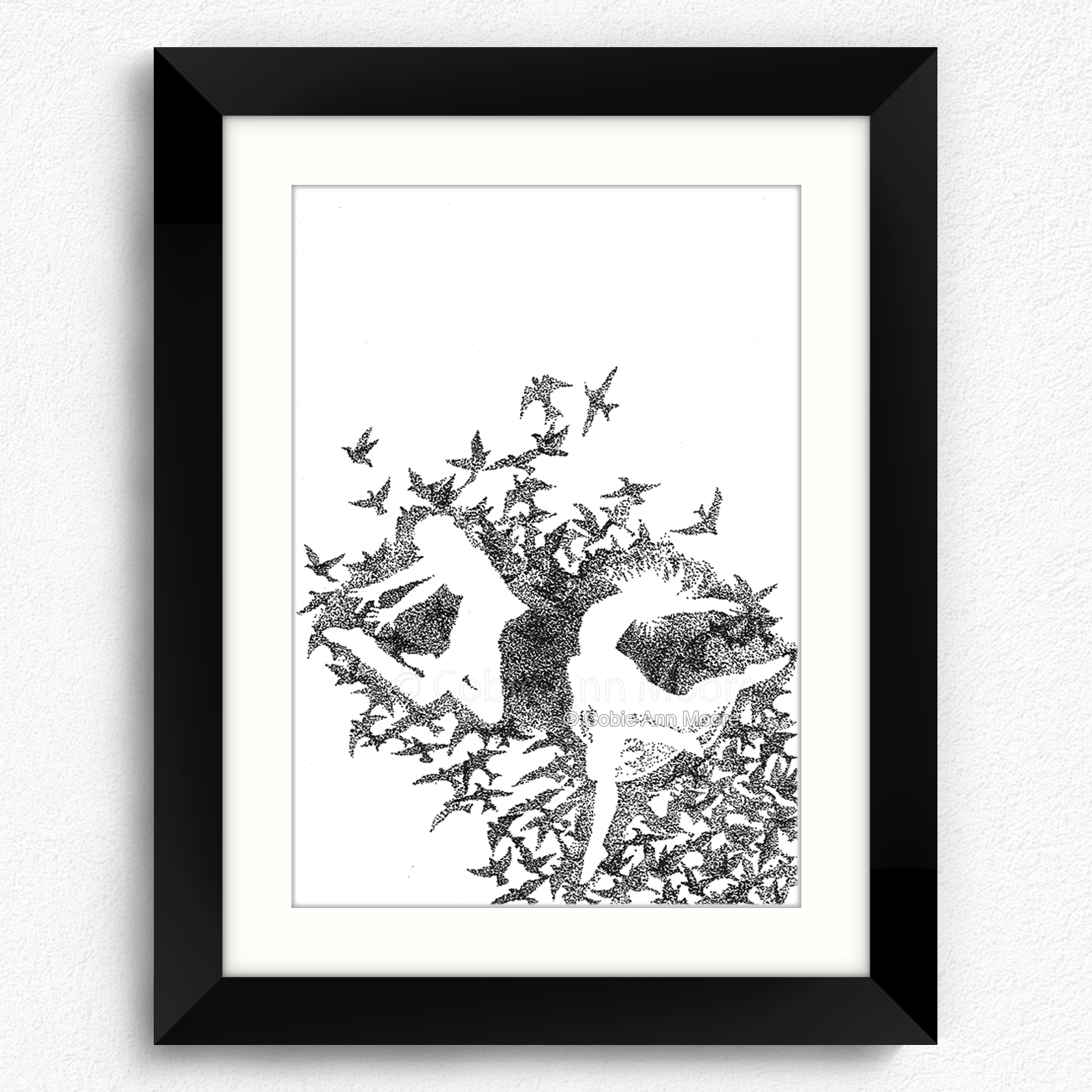 Dancing With Birds print in a black A5 frame