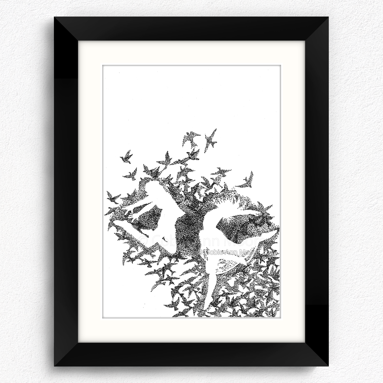 Dancing With Birds print in a black A5 frame 