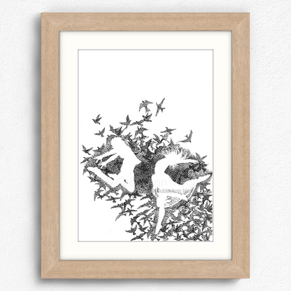 Dancing With Birds print in a raw oak A5 frame