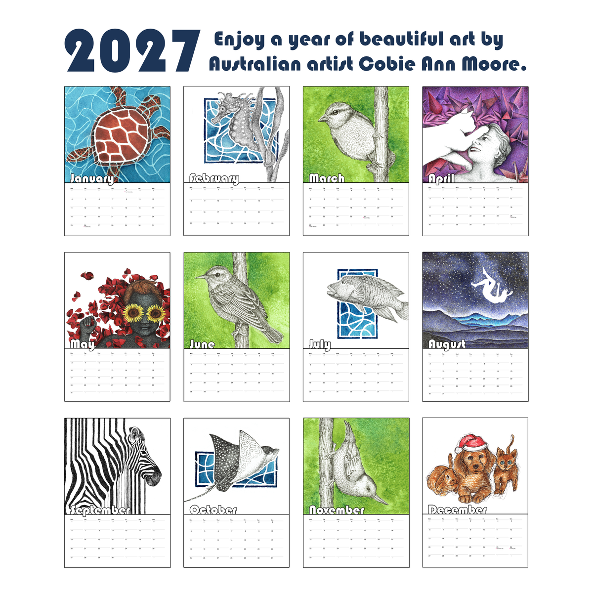 A 12-month 2027 wall art calendar featuring colourful illustrations by Australian artist Cobie Ann Moore. The calendar displays monthly pages with watercolour and stippling drawings of animals and nature scenes, including a turtle, seahorse, birds, a zebra, and much more.
