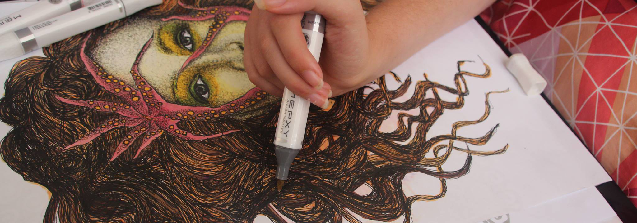 Photograph of Cobie's hand drawing the artwork Davey Jones' Locker